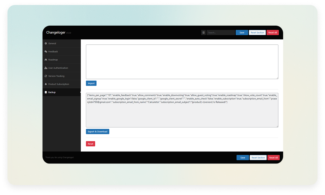 Settings Export Import